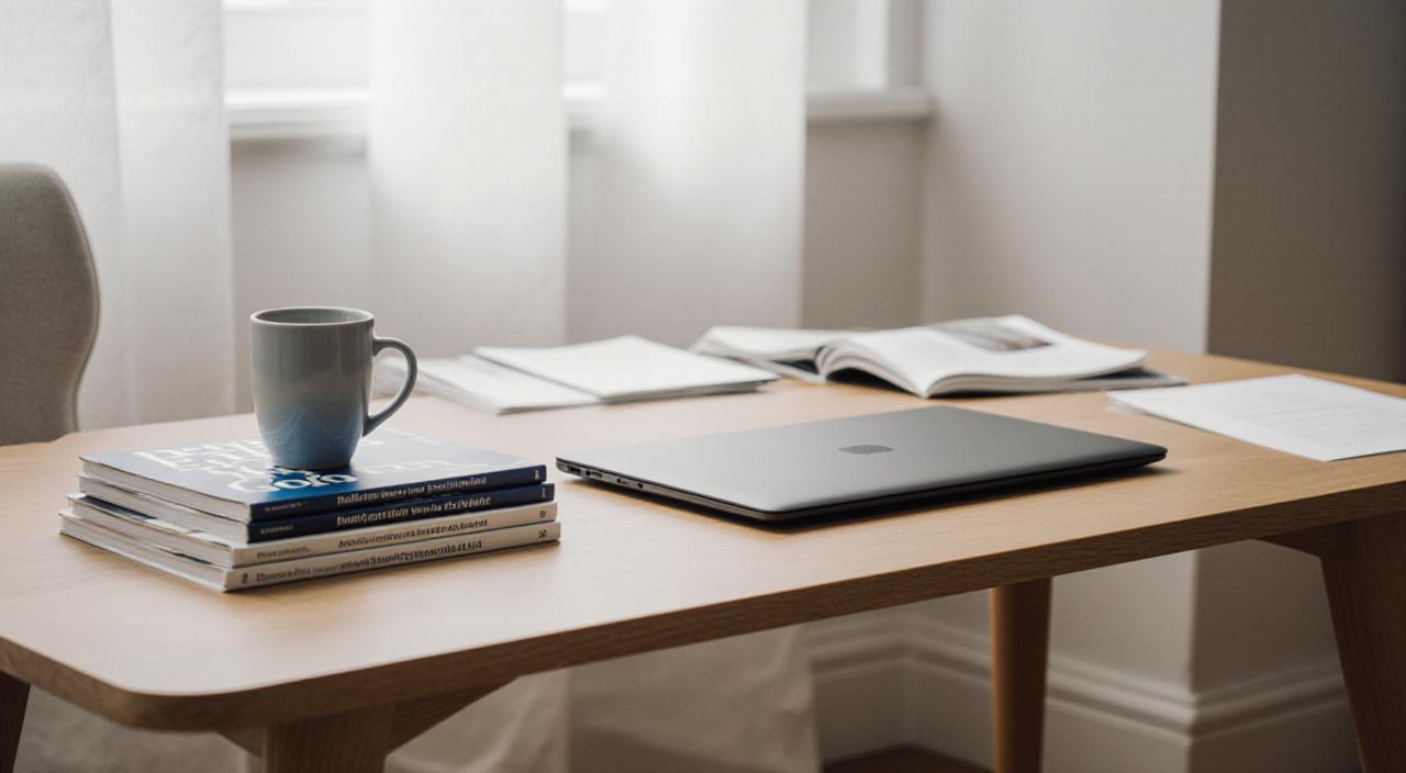 Un ambiente di lavoro editoriale tranquillo con libri e un laptop in luce naturale